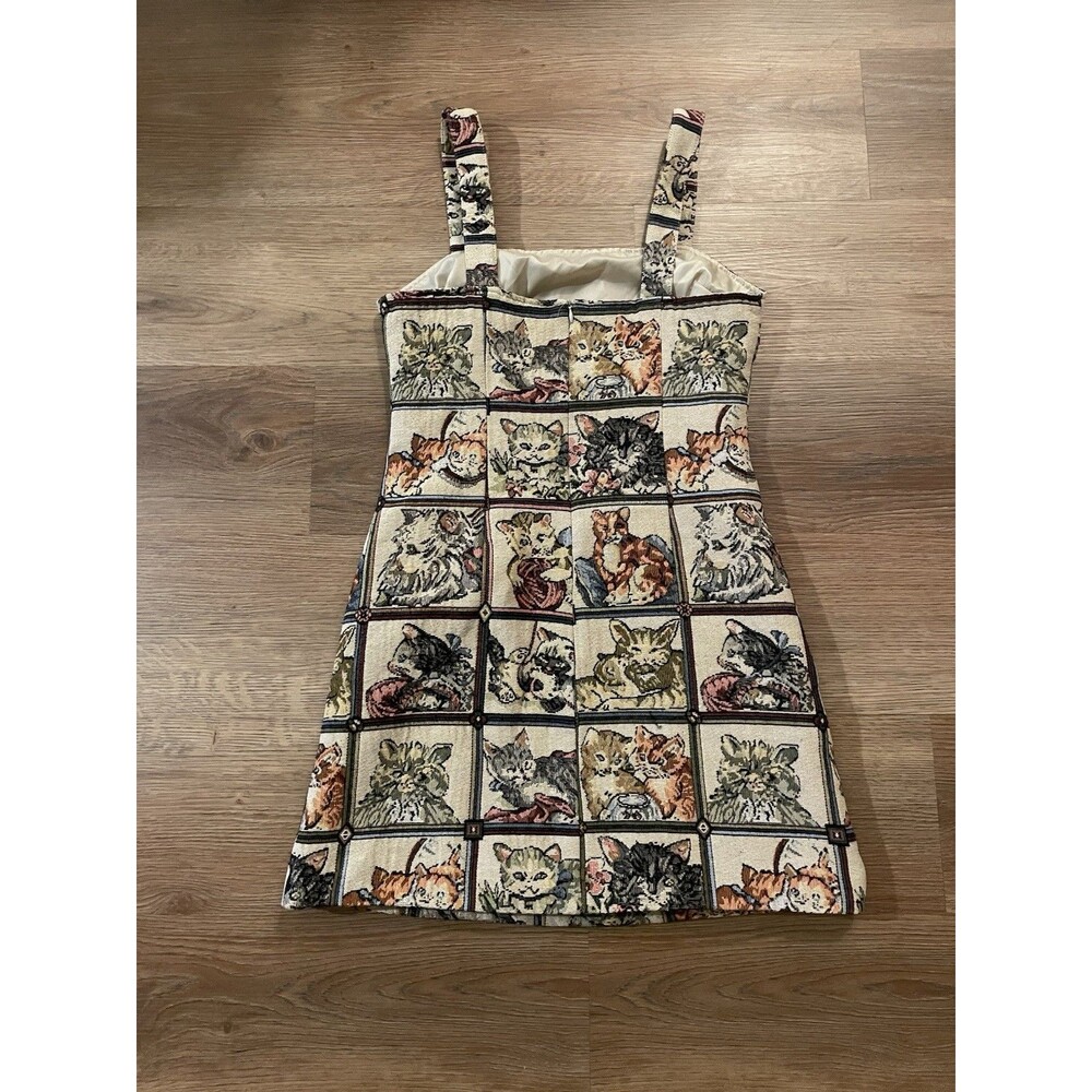 Cider Cat Lover Tapestry Mini Dress Patchwork Kitten Print Pinafore SZ M - Picture 3 of 5